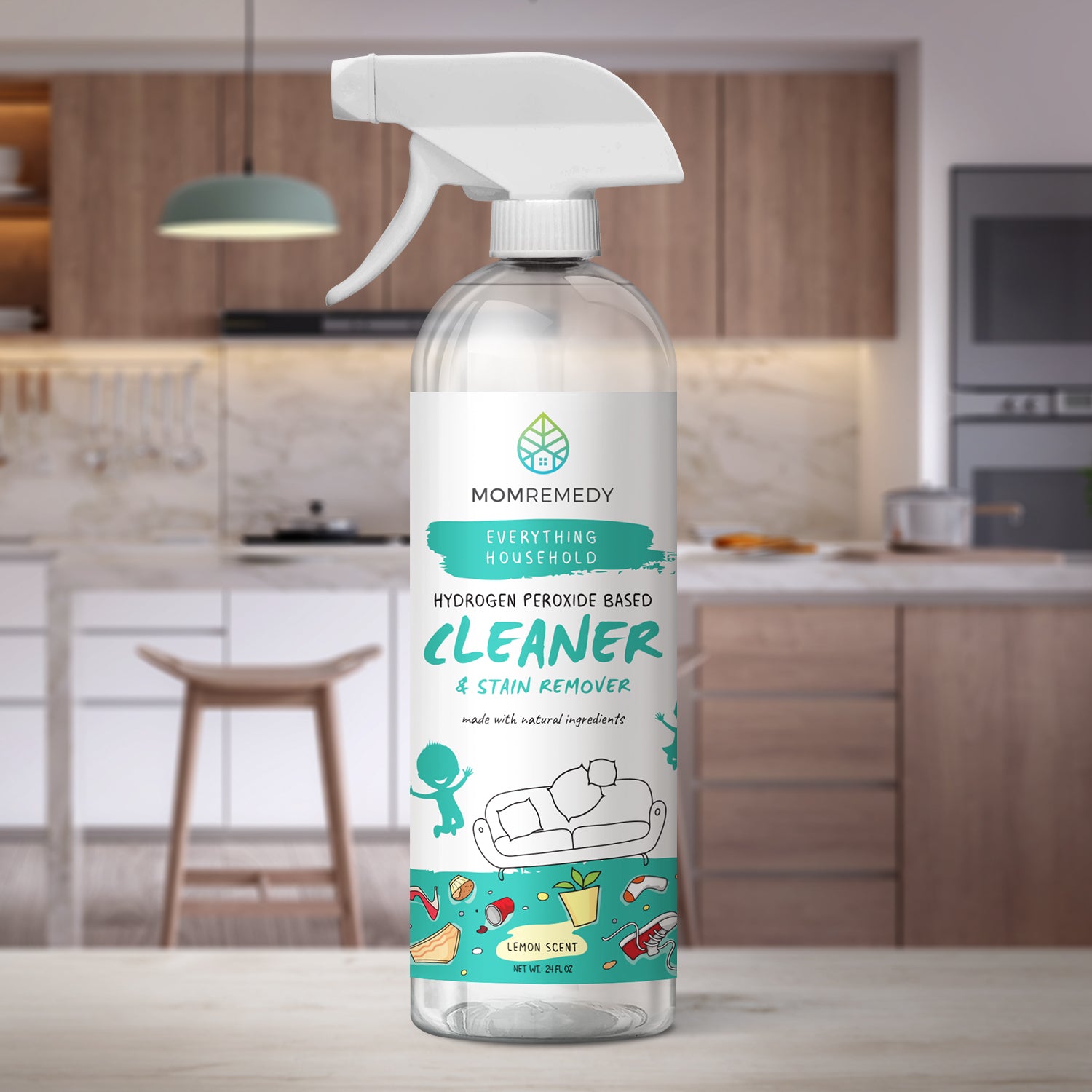MomRemedy Hydrogen Peroxide Cleaner and stain remover for stains, spills, dirt. grime, pet messes, odors. Great for kitchens and everything household.