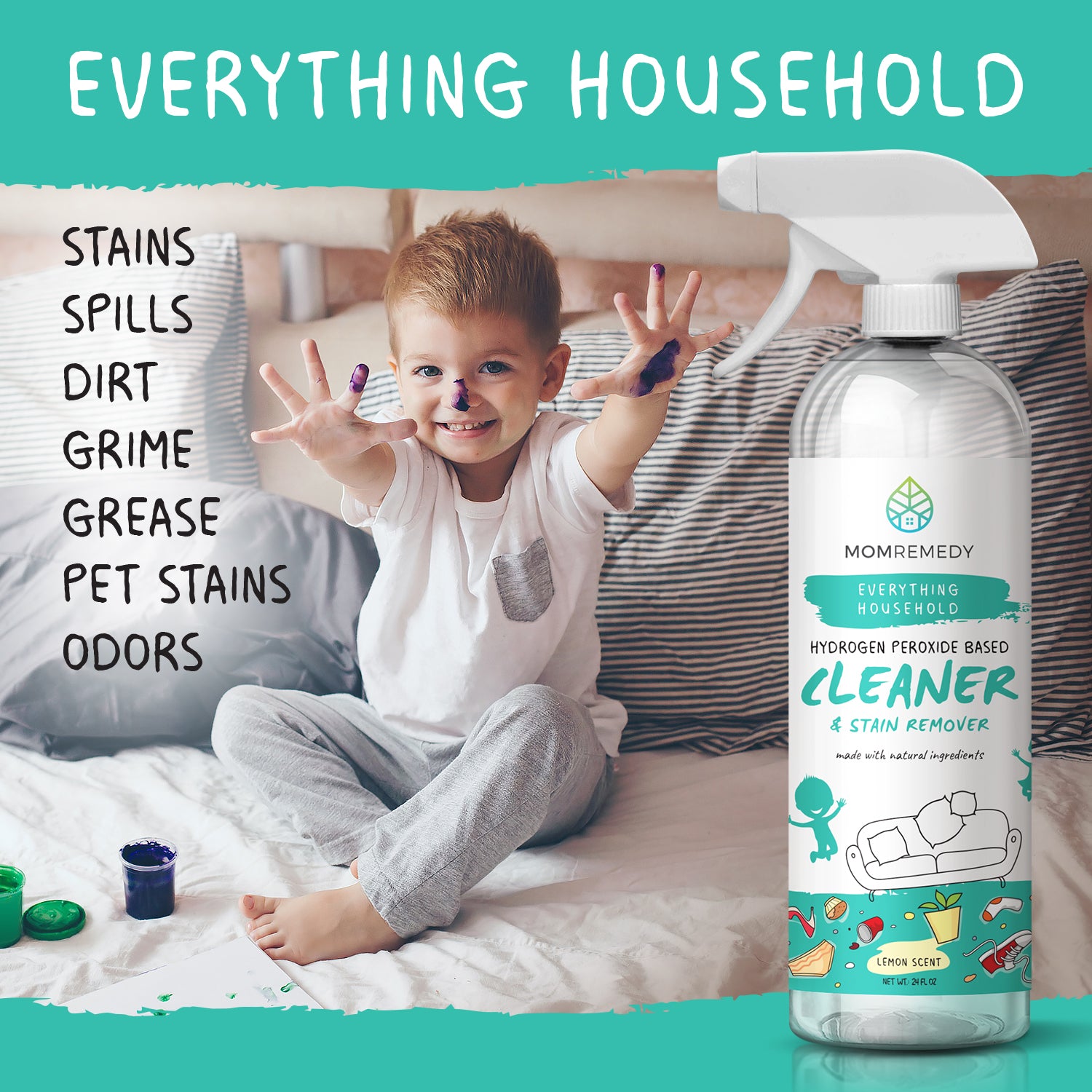 MomRemedy Hydrogen Peroxide Cleaner and stain remover for stains, spills, dirt. grime, pet messes, odors. Great for kitchens and everything household.